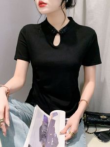 レトロな新中国スタイル改善チョンサムネイルパンバックル半袖Tシャツ女性用サマーラグジュアリートップ