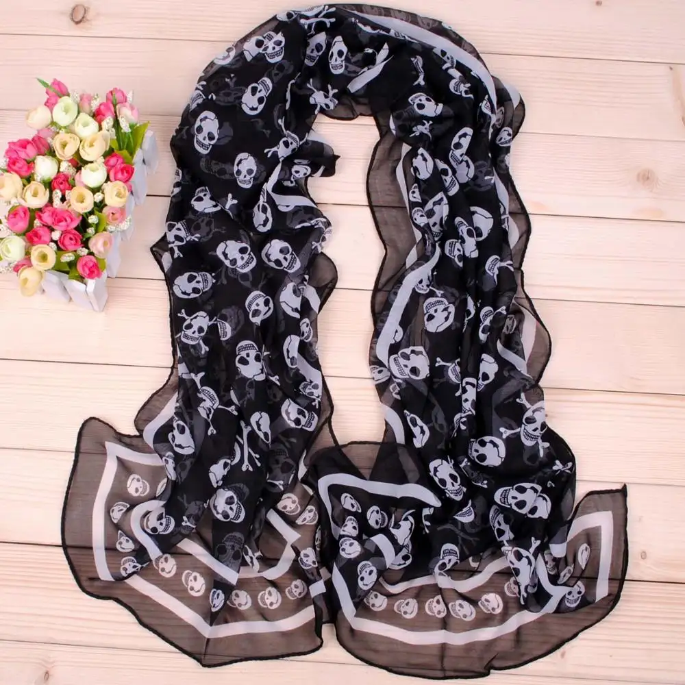 Classic explosive pirate skull long chiffon scarf light weight black chiffon scarf for women wholesale