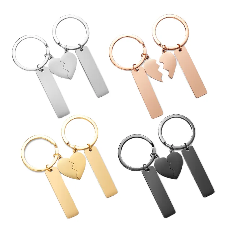 Design Blank Logo Engraved Stainless Steel Keychain Half Heart Shape Id Tag Key Chain For Couple Long Strip Peach Diy Keychains