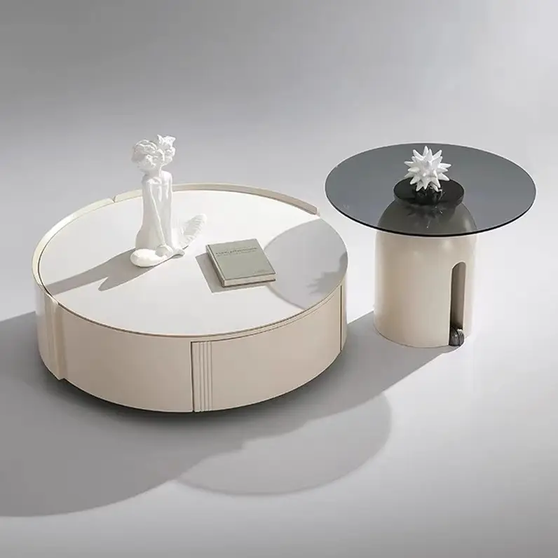 Juegos de mesa de centro redonda de nuevo estilo, muebles de sala de estar minimalistas, Base de mesa de centro de acero inoxidable con lado de vidrio