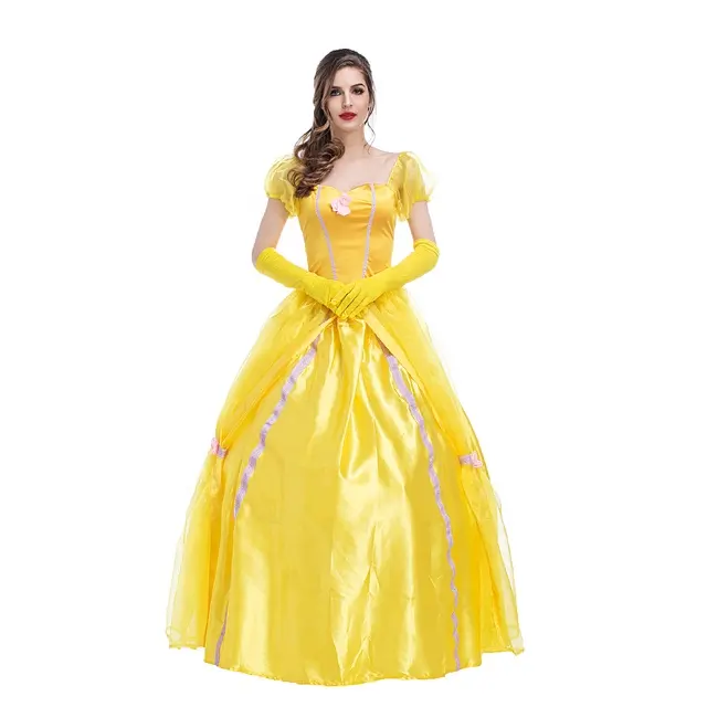 Vestido de fantasía amarillo para adultos, disfraz de princesa bella y bestia, para fiesta de Navidad y Halloween