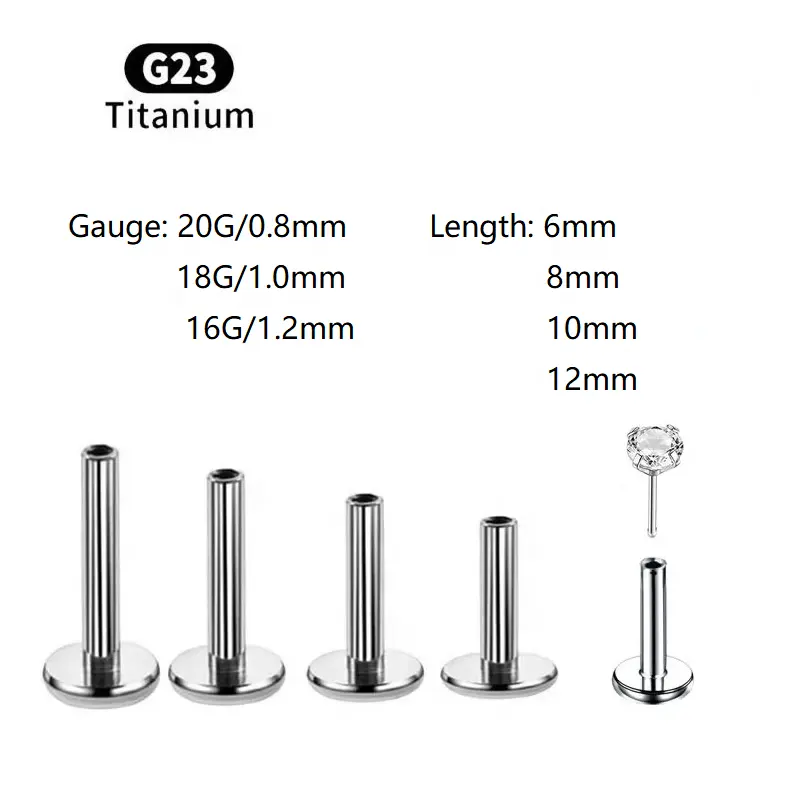 G23 astm f136 implant-grade 18g labret 1mm stud titanium labret threadless bar post monili penetranti del corpo all'ingrosso de titanio