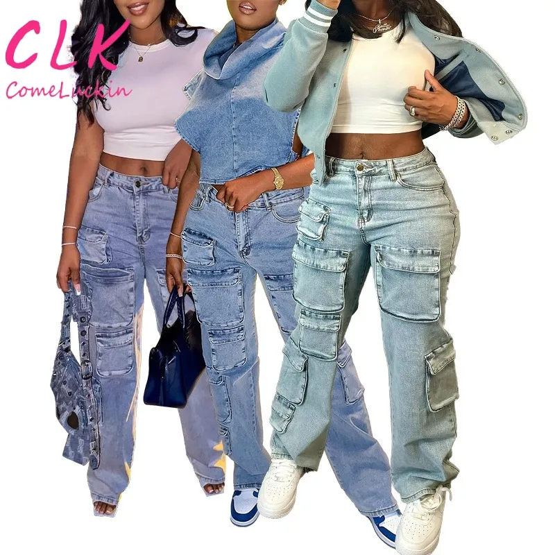 Personnalisé Printemps Nouveau Jeans pour Femmes Mode Rétro Multi-poches Pantalon pour Femmes Cargo Denim Pantalon Streetwear Vintage Lâche Jean Droit