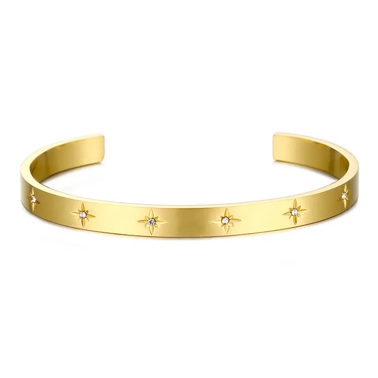 Pvd 18k Gold Plated Stainless Steel Non Tarnish Free Water Proof Jewelry Sparkly North Cz Star Cuff Bangle Bracelet For Women