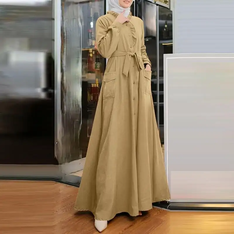 Ywqs phụ nữ hồi giáo phong cách phong cách Ả Rập khí chất màu ren đứng cổ áo dài tay Tie up eo giảm béo abaya