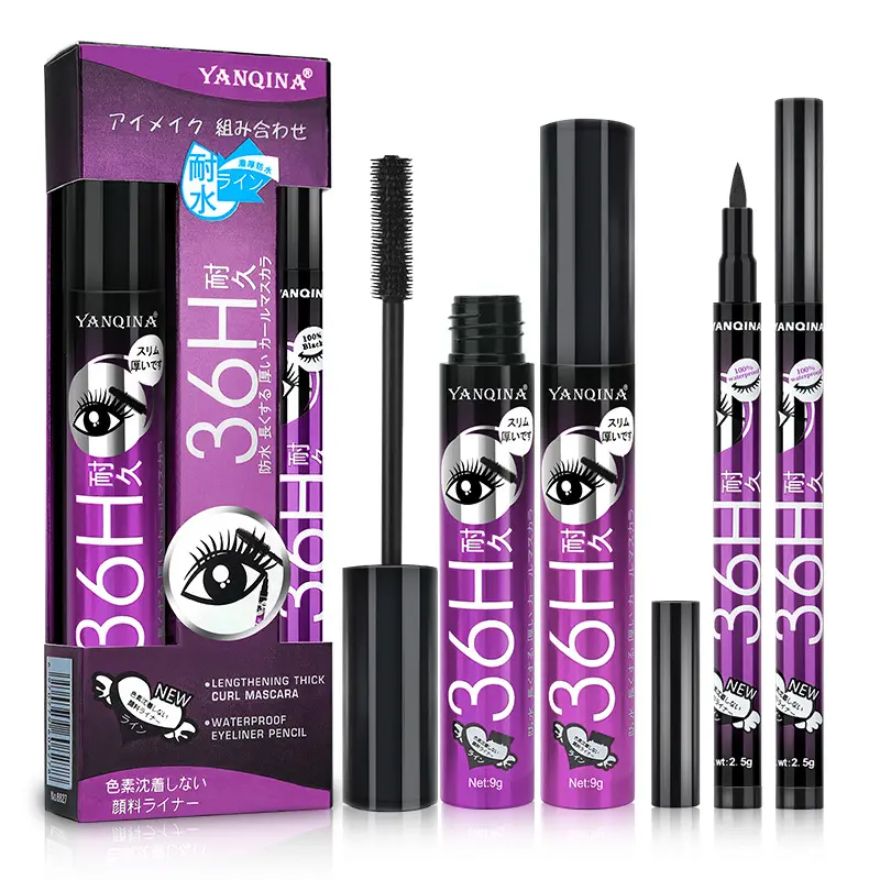 Hot Selling Yanqina Eyeliner En Mascara Make-Up Set Waterdichte Dichte En Non-Dye Japanse Stijl