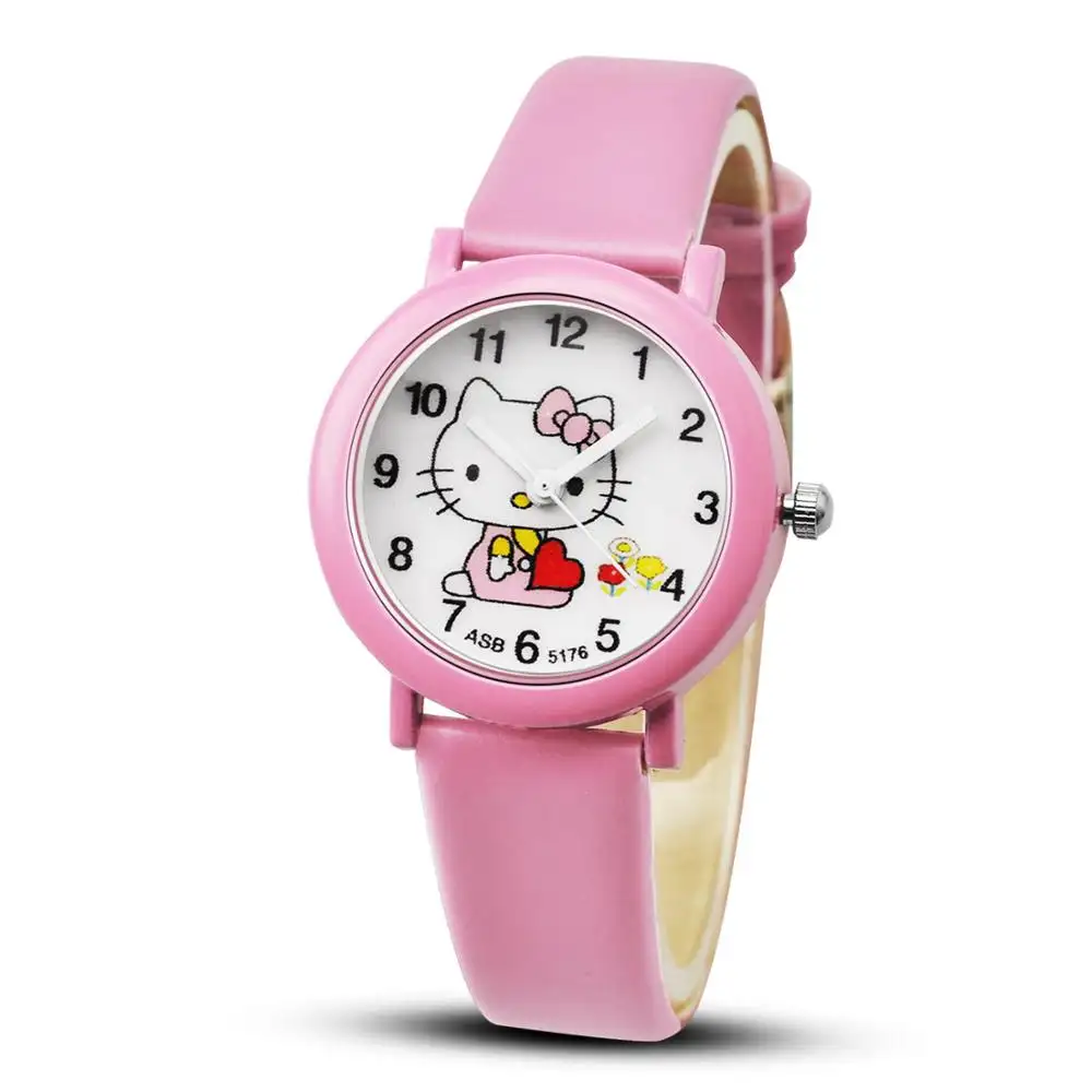 Hello Kitty Cartoon Horloges Kid Meisjes Bandjes Horloge Kinderen hellokitty Quartz Leuke Klok Fashion Crystal Leren Machine