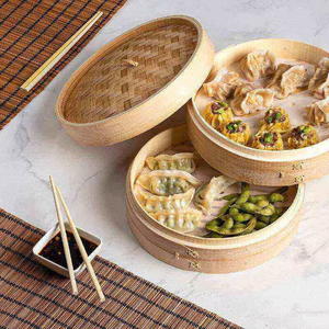 Wholesale 12 Inch <strong>Bamboo</strong> Steamer Baskets 2-Tier Vegetable Steamer for Cooking With Chopsticks Sauce Dish &amp; Liners