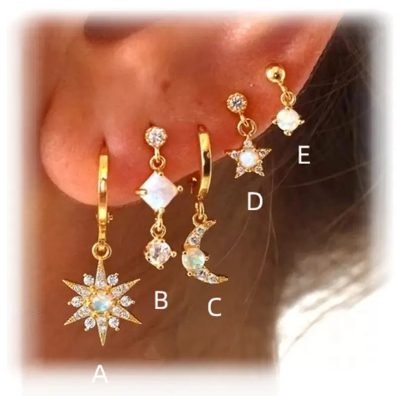 Carline zircon femmes 925 bijoux en argent sterling boucles d'oreilles tendance 18k plaqué or lune étoile opale délicate vintage charme boucles d'oreilles