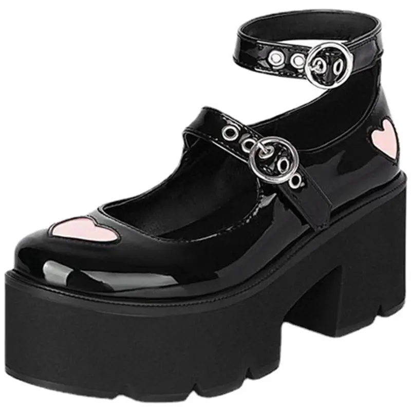 Belt Buckle Boots Heart Gothic Lolita Shoes Women Patent Leather Chunky Heel Pumps Fashion Footwear