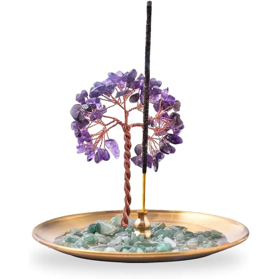 Guérison Crystal Stone Money Tree Brûleur d'encens Attrape-cendres pour Yoga Méditation et Décoration intérieure