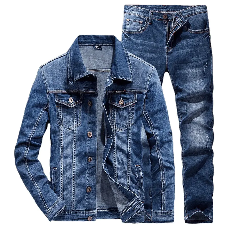 Tuta in Denim da uomo di vendita calda di moda personalizzata Fitness in due pezzi giacca in Denim da bicicletta da uomo e tessuto Jeans Casual lavorato a maglia