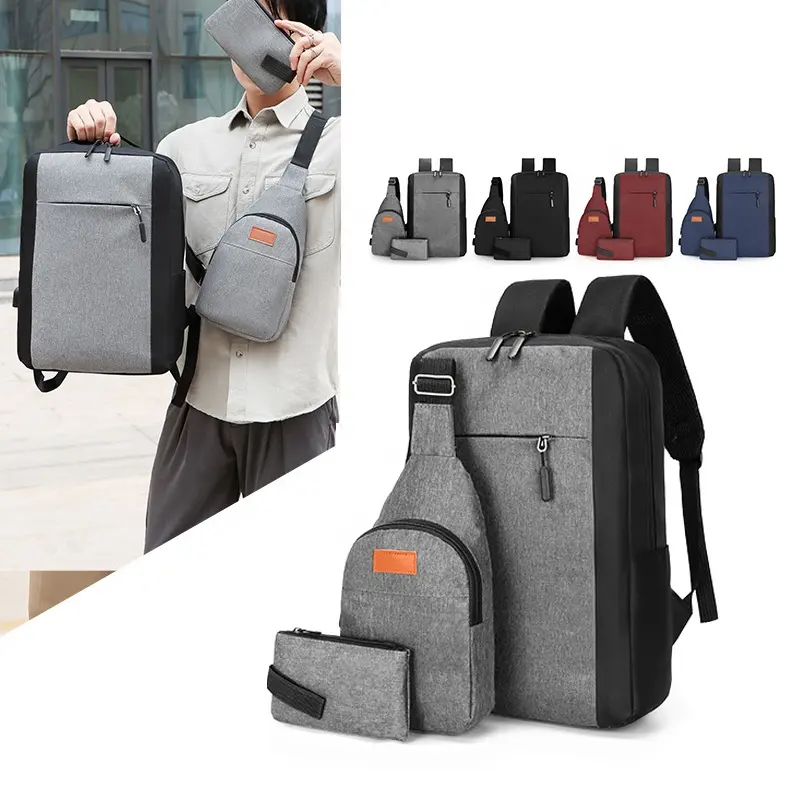 Customized Fashionable Durable Recycled Oxford Business School Bags 3-Piece Set Computer Laptop Backpack with USB Charging Port