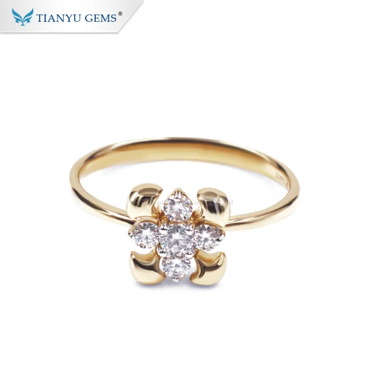 Tianyu gems personalizados flor em forma de 10k, amarelo, ouro moissanite, anel desenhos para meninas