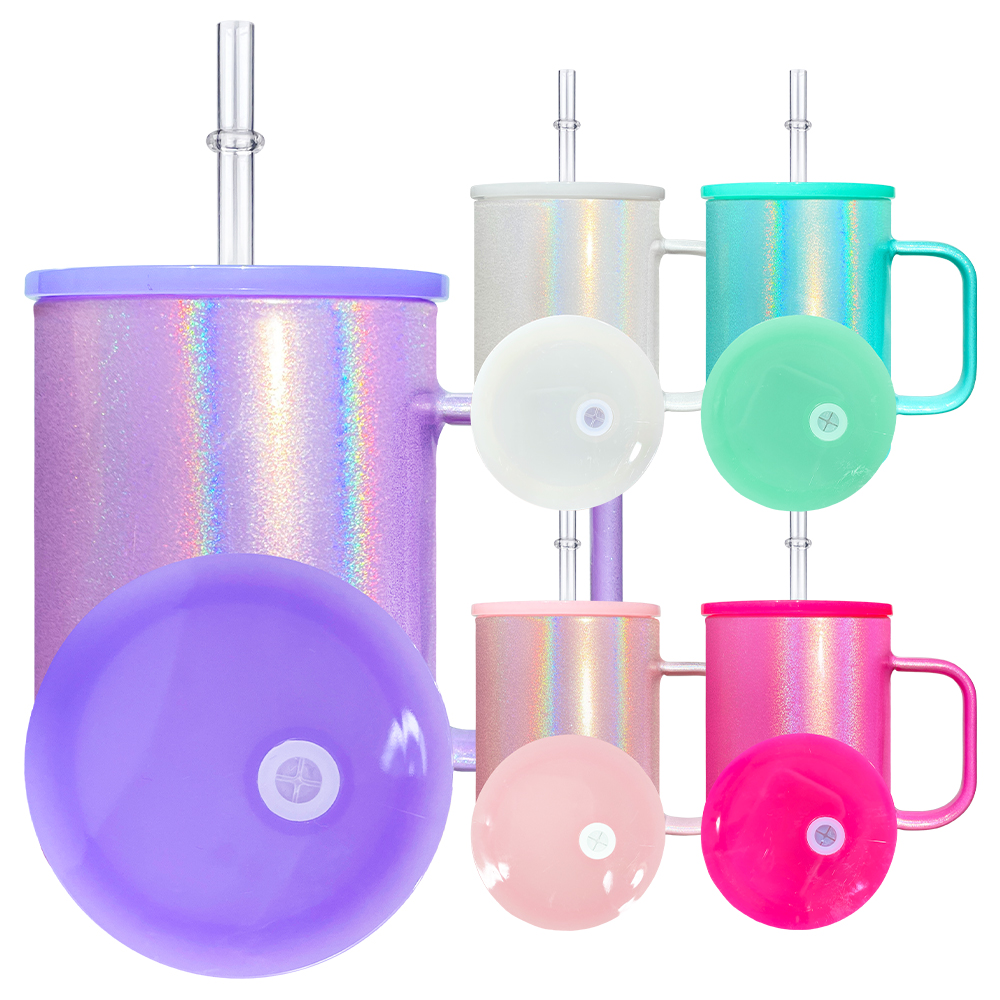 BPAフリーホログラフィックシマーグリッター17オンスカラー昇華可能ガラスコーヒーマグ、UV DTFラップ用PP蓋付きカスタマイズギフト用 - Product Image 1