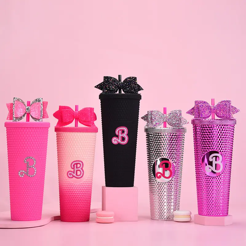 Gelas Tumbler Matte Barbiess Pink bertatahkan jerami cangkir kopi