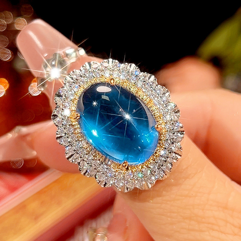 open size Blue pointed crystal ring