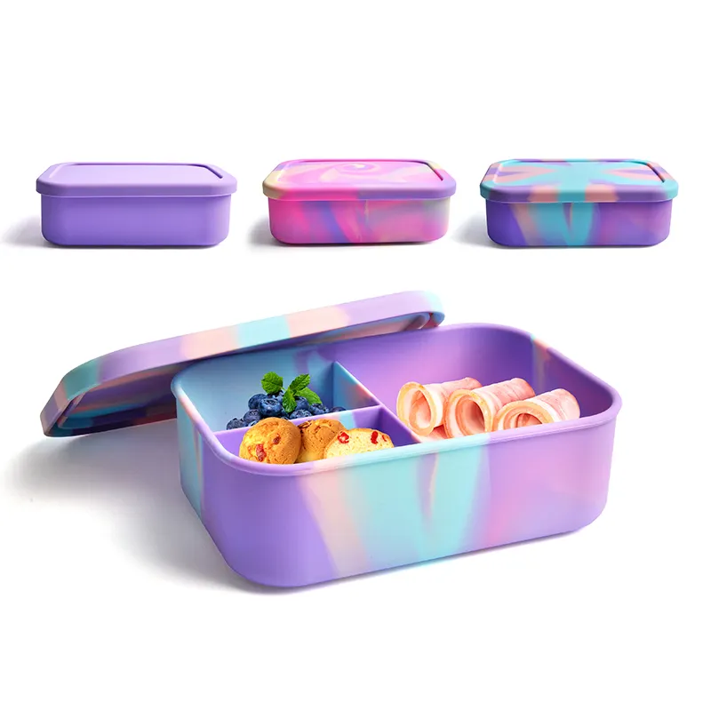 Contenitore per alimenti in gomma portatile per bambini Bento Box per alimenti in Silicone per uso alimentare di vendita caldo con 3 scomparti