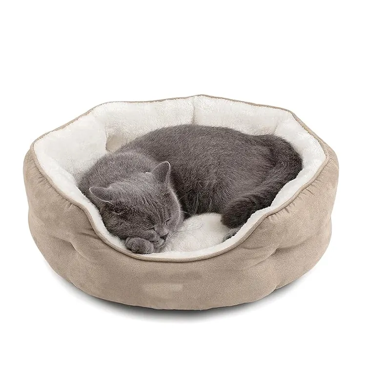फ़ैक्टरी कस्टम लक्ज़री नरम आरामदायक खाकी साबर बिल्ली और कुत्ते का बिस्तर पिल्ला के लिए हटाने योग्य पालतू कुशन के साथ धोने योग्य गोल पालतू बिस्तर