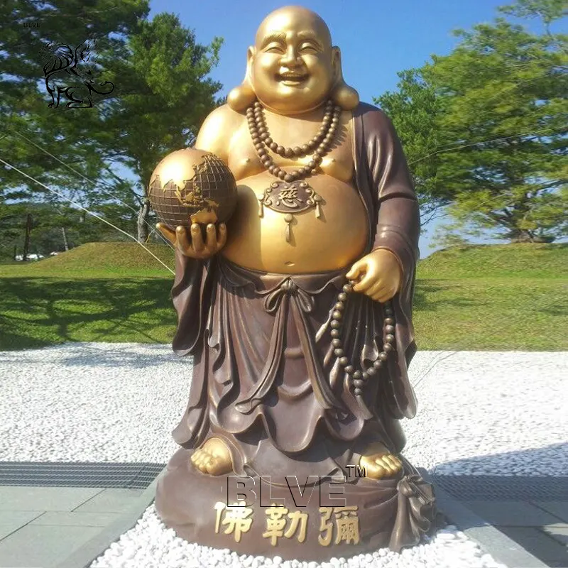 Буддизм в натуральную величину, большой живот, стоящие бронзовые статуи смеющегося Будды, металлические статуи счастливого Будды, скульптура счастливого Будды