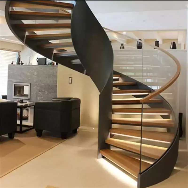 DAIYA-escalera curva con placa de acero, barandilla de vidrio templado