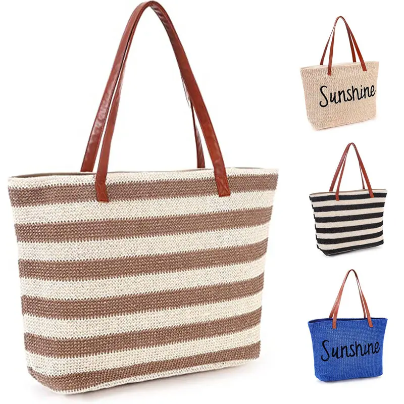 Grandes Mulheres Sand Proof Handmade Woven Stripe Tote Stitchwork Travel Vacation Picnic Summer Pool Straw Beach Bag