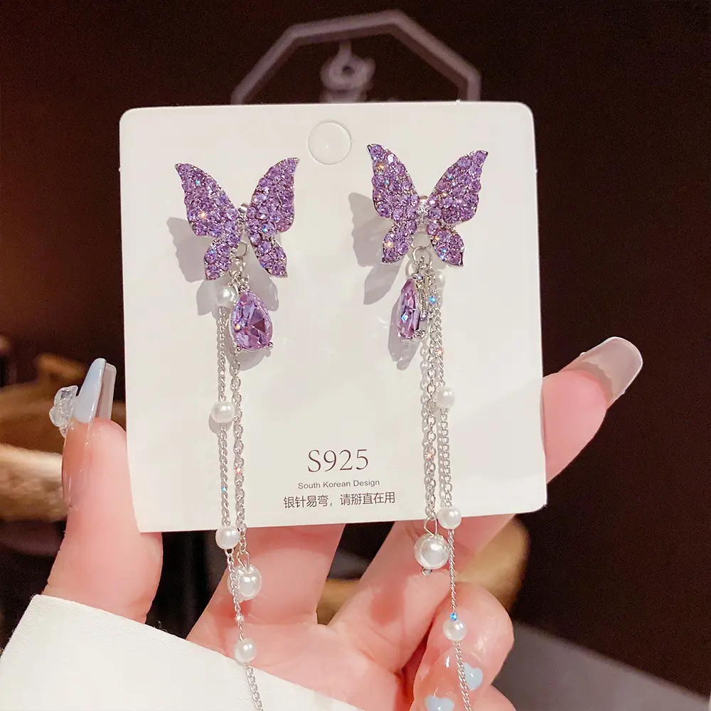 Модные 925 серебряные серьги-иглы стеклянные красивые серьги-бабочки с бриллиантами длинные жемчужные серьги-гвоздики