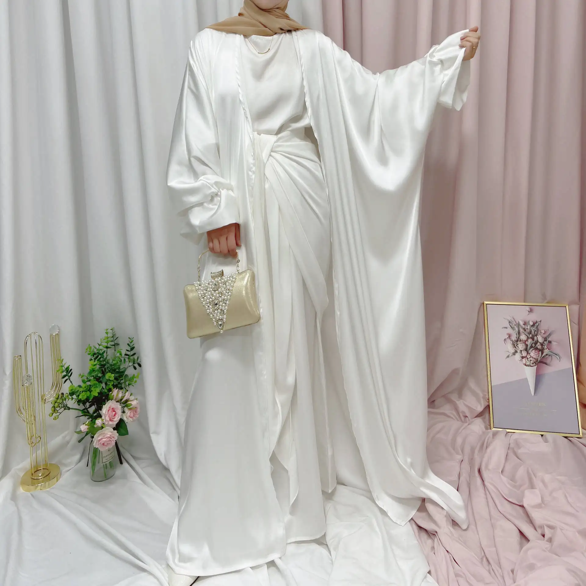 SIPO Kimono femmes mode Hijab manches bouffantes robe musulmane Satin Abaya dubaï turquie caftan Islam vêtements