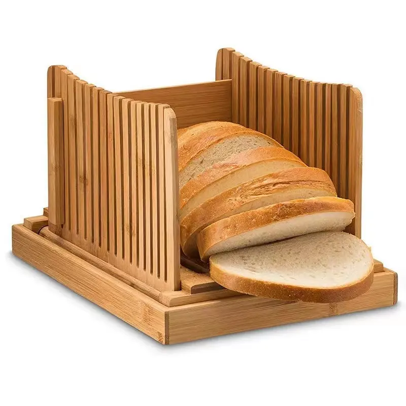 Pengiris roti tebal dapat disesuaikan pemotong roti bambu lipat pengiris roti Manual dengan baki remah dan pisau