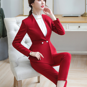 两件套套装女式白色长裤套装商务办公女士工作服正式不对称西装外套，配踝裤