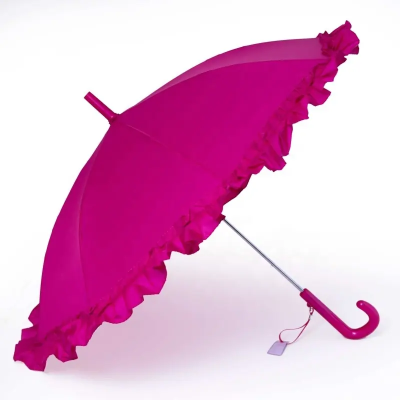 Venta al por mayor de alta calidad de Rosa barato clásico de plástico ladrón con Color puro borde de encaje de tubería recta niños paraguas