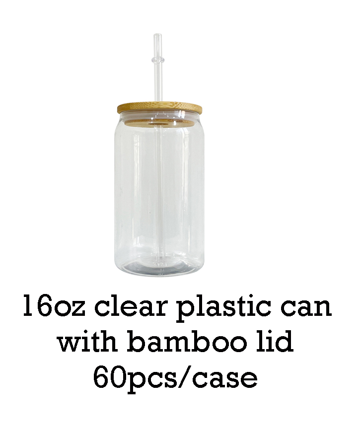 16oz clear plastic can with bamboo lid