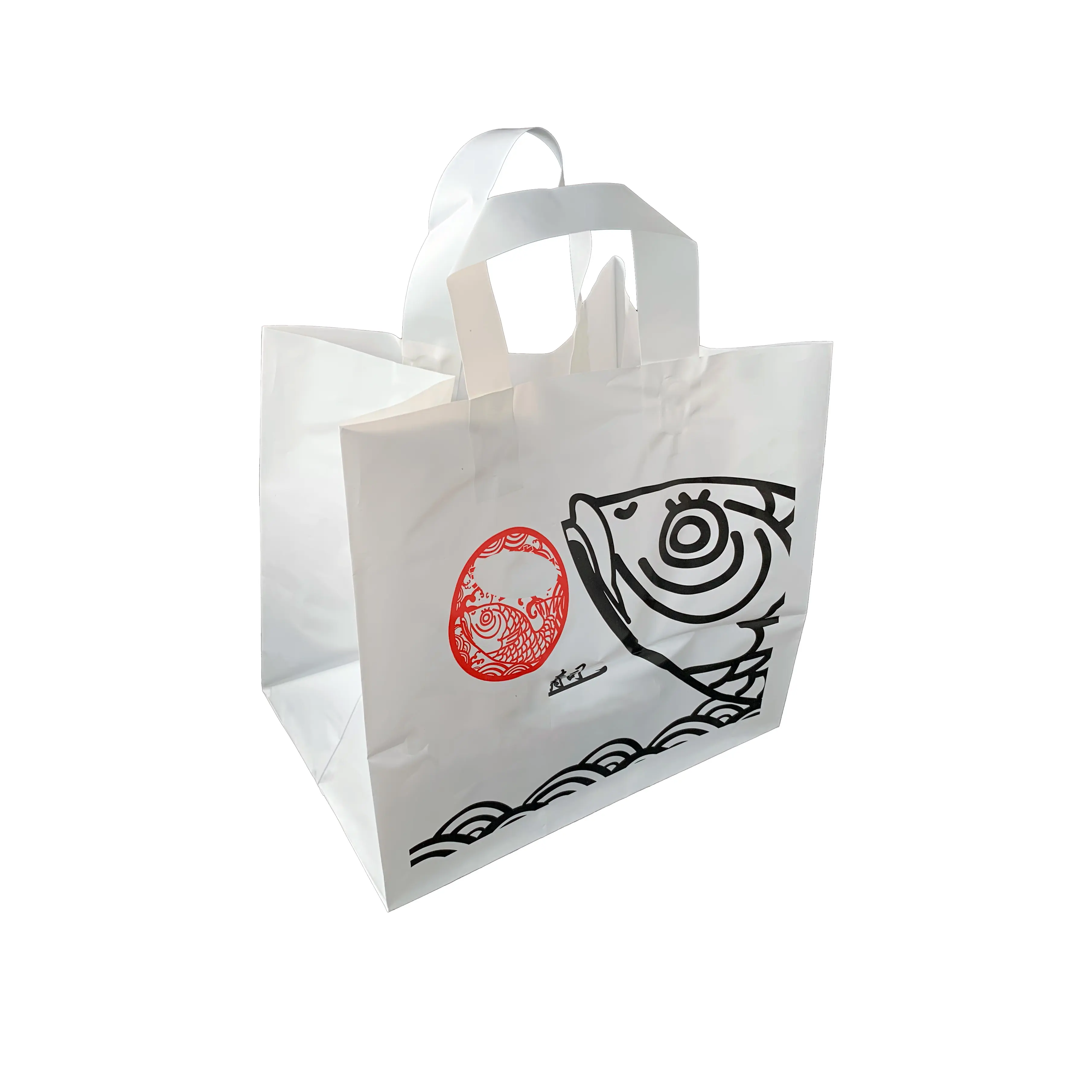 Kunden spezifische Einkaufstaschen mit Logo gefrostete Plastiktüte mit Griff Restaurant tragen Taschen zum Mitnehmen mit weicher Schlaufe