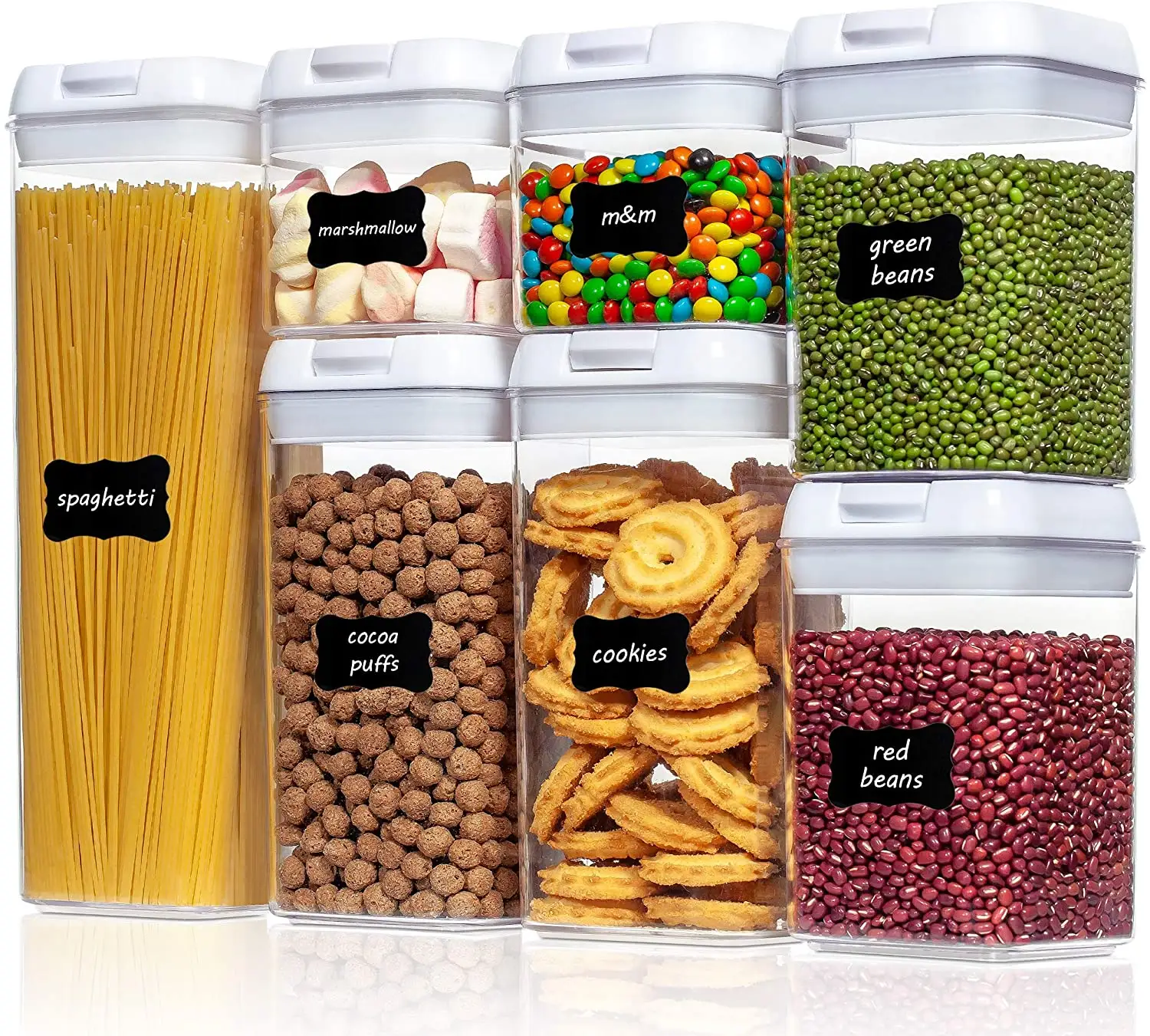 Set di contenitori ermetici ermetici da 7 pezzi personalizzabili Set di prodotti secchi dispensa organizzazione scatola per alimenti da cucina in plastica trasparente