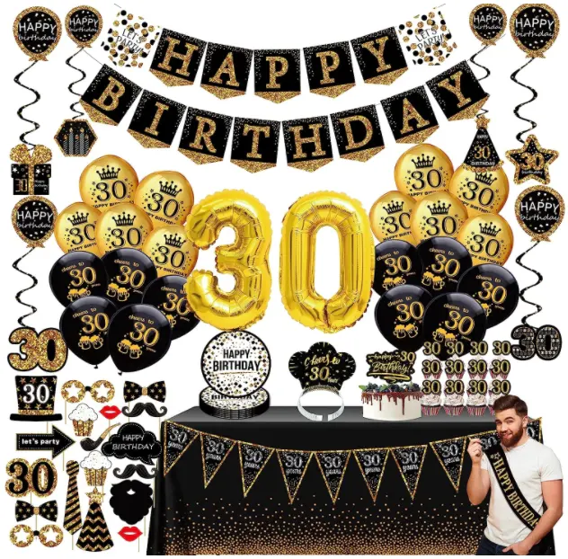 Decoración de 30 cumpleaños, decoración de fiesta de oro negro, placas giratorias, accesorios para el hogar