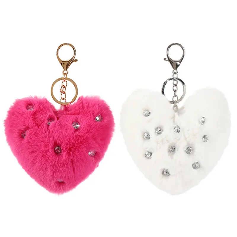 rhinestone bling pink off white heart pom pom fashion luxury designer key chain keychains for wallet