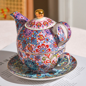 波西米亚花式图案二合一陶瓷咖啡杯茶托套装陶瓷茶壶和杯欧洲茶具 - Product Image 4