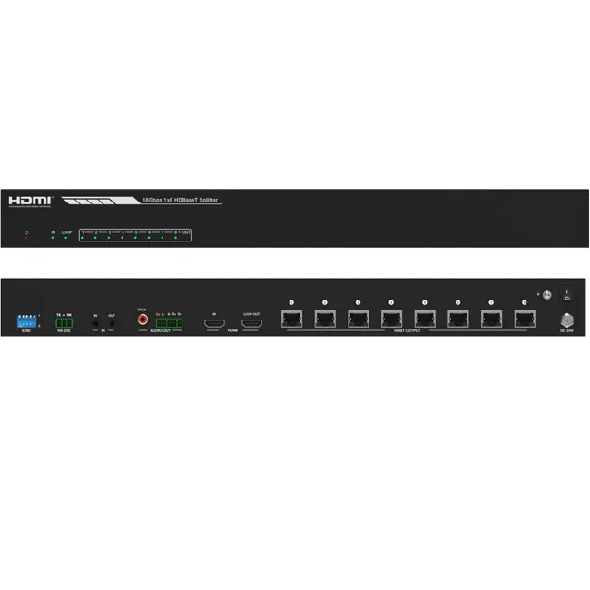 مضخم صوت بمجموعة بيانات HDMI HDBaset بمساحة تبلغ 1×8 4K ويتكون من 8 محولات بقوة تصل إلى 150 م لمعدل عرض منزلي