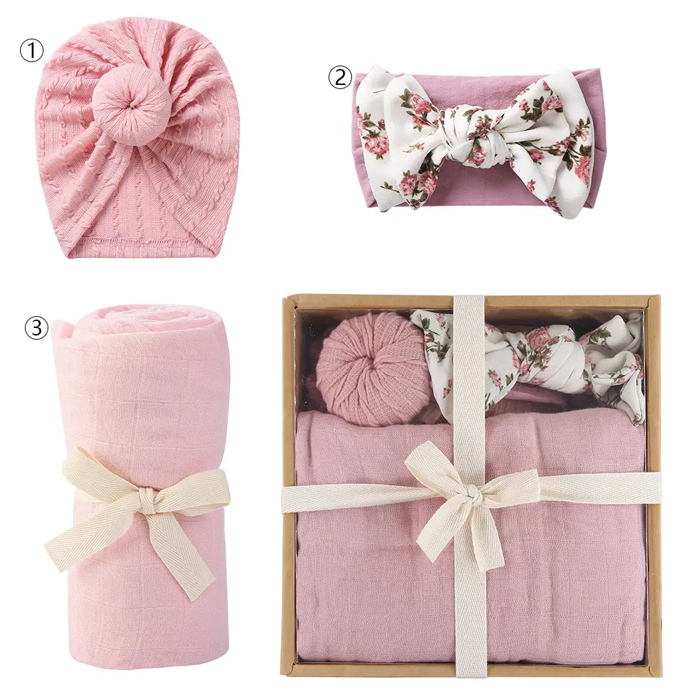 Manta de algodón orgánico de bambú para bebé, ropa de cama suave y transpirable con lazo, diadema, turbante, conjunto de regalo, 3 unids/lote por caja