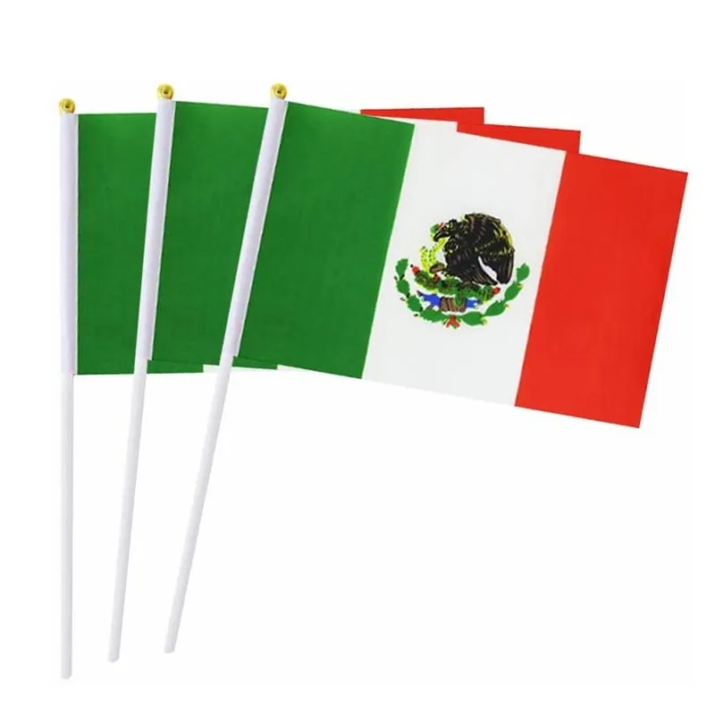 Banderas de mesa de poliéster de 14x21CM, Bandera de México con poste, país volador, palo de mano, banderas de mano, envío gratis