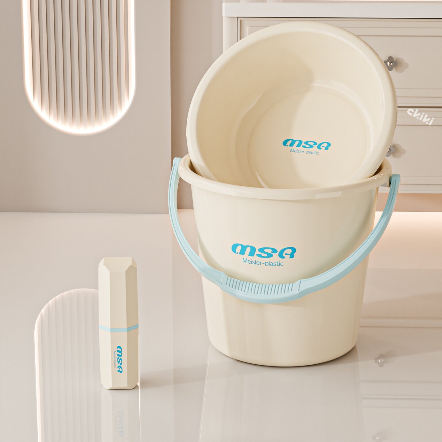 3-piece set-bucket-washbasin-mouthwash cup-sky blue