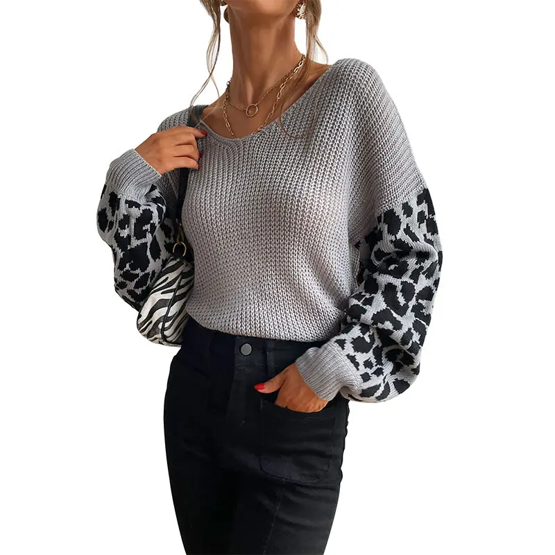 Venta al por mayor de las mujeres de otoño Boutique suéter de moda de las señoras delgadas sueltas de punto suéter de leopardo