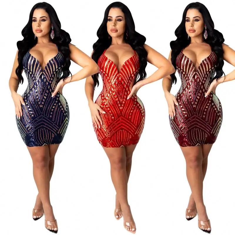 Mais recente projeto 2021 Novo Estilo de Mulheres Sexy V Neck Backless Lantejoula Vestidos Midi Festa Night Club Mini Vestido