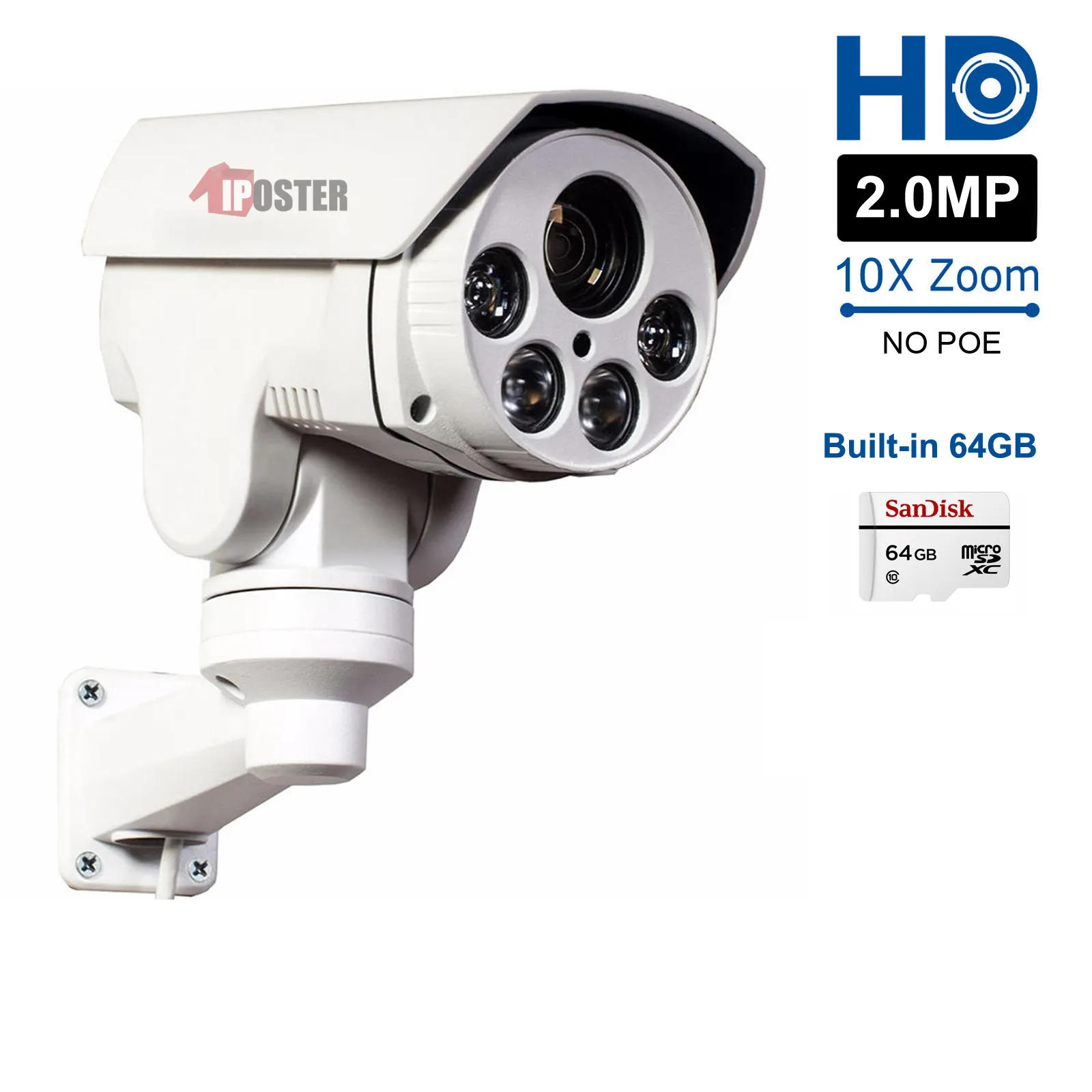 Hikity — caméra de vidéosurveillance d'extérieur, dispositif de sécurité sans fil, avec carte SD 64 go, HD 2MP, Zoom 10X