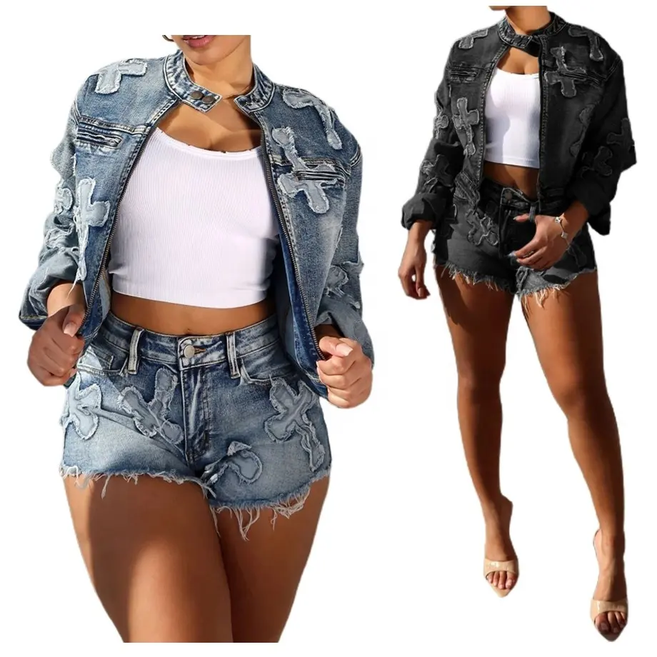F88552 Hot selling spring summer 2024 clothes causal denim jacket sexy mini short sets embroidery cross stretch women's sets