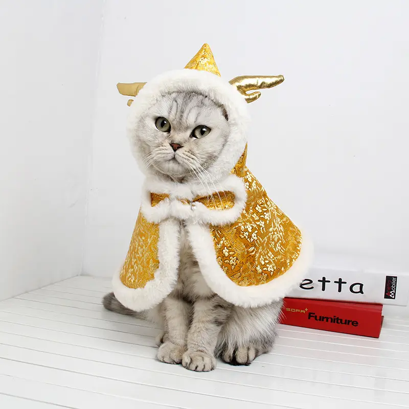 Winter New Year Pet Clothing, Chinese Dragon Horn Cape for Dogs, Cat Jacquard Satin Drape Cloak