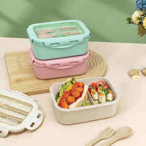 Portable Eco Wheat Straw Fiber Bento Lunch Box with Spoon Fork Cutlery for Students and Workers Rice Husk Dinnerware Set - Product Image 1