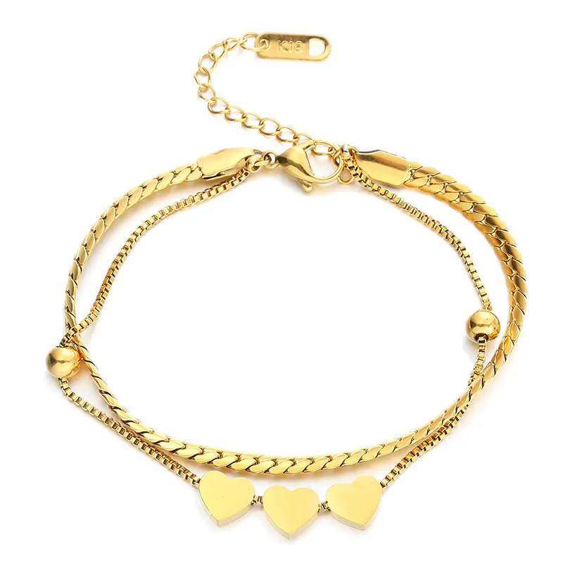 SLand תכשיטים סיטונאי אופנה מותאמת אישית 3 לב זהב צמיד נירוסטה מצופה 18 K גבוה מלוטש מלאכה צמיד לנשים