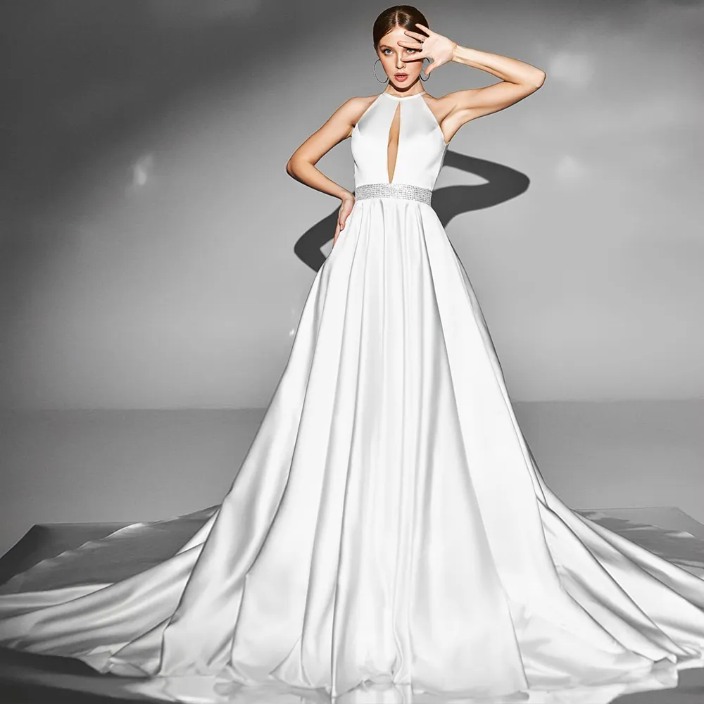 Abiti da sposa in raso con fiocco in vita lucido Vestido Elegante Alibaba cina abiti da sposa semplici senza schienale Sexy