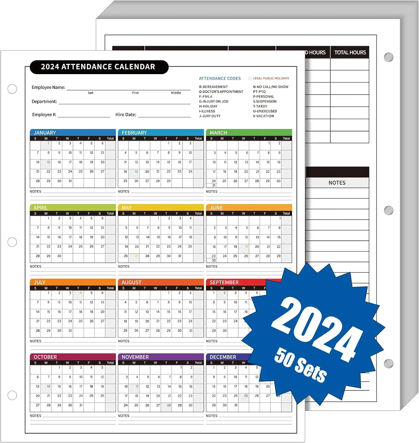 calendar card Special attendance for English card paper work attendance card Attendance Sheets for 3 Hole Binder Employee Record